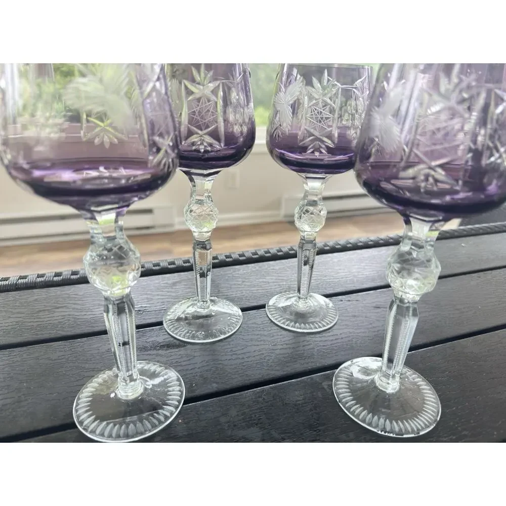 Vintage Bohemian Amethyst Cut to Clear Crystal Wine Glass 8-1/2”~set Of 4